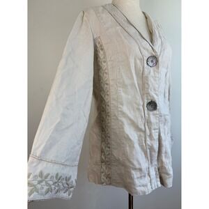 J. Jill Linen Blazer Womens Medium Beige Embroidered Floral Button Up Jacket